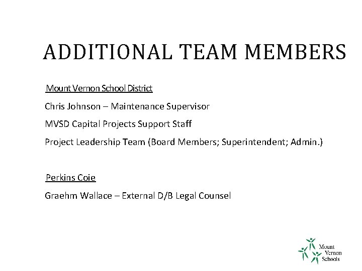 ADDITIONAL TEAM MEMBERS Mount Vernon School District Chris Johnson – Maintenance Supervisor MVSD Capital