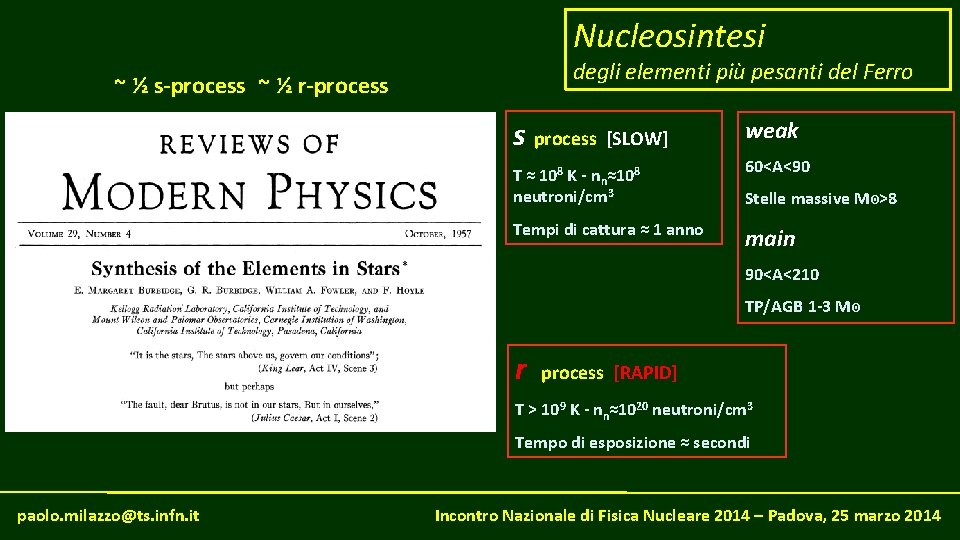 Nucleosintesi degli elementi più pesanti del Ferro ~ ½ s-process ~ ½ r-process s