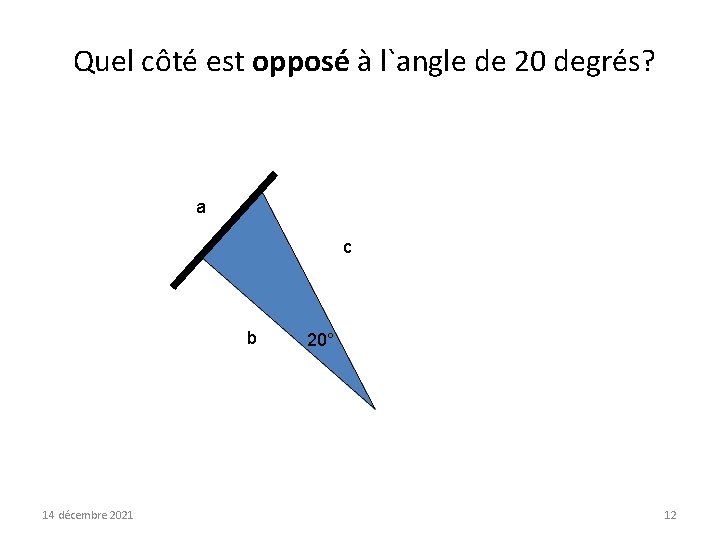 Quel côté est opposé à l`angle de 20 degrés? a c b 14 décembre