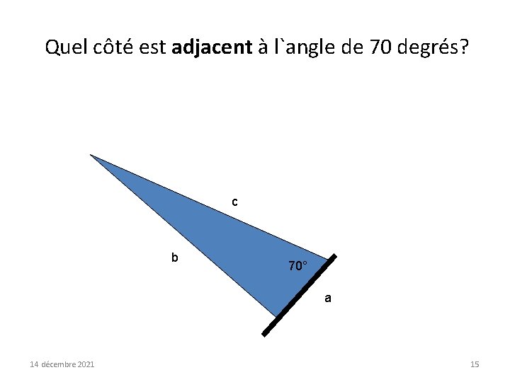 Quel côté est adjacent à l`angle de 70 degrés? c b 70° a 14