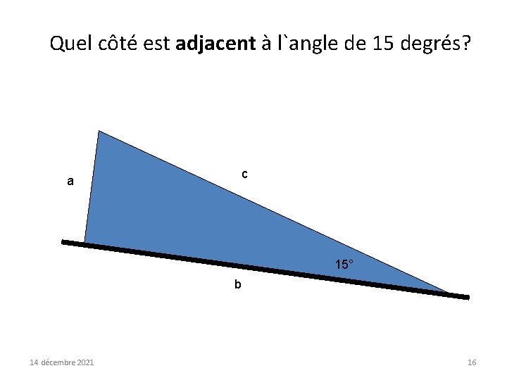 Quel côté est adjacent à l`angle de 15 degrés? a c 15° b 14