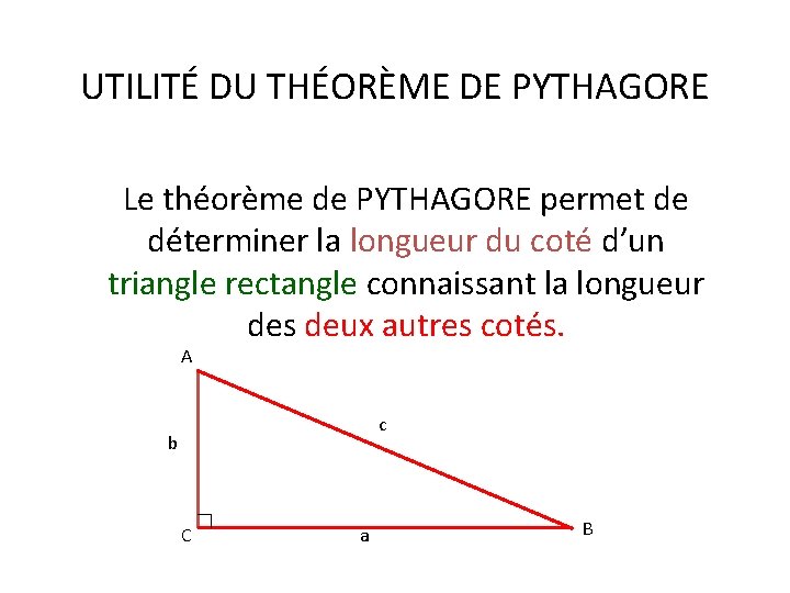 UTILITÉ DU THÉORÈME DE PYTHAGORE Le théorème de PYTHAGORE permet de déterminer la longueur