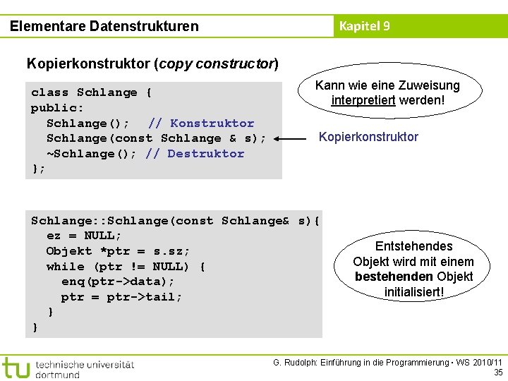 Kapitel 9 Elementare Datenstrukturen Kopierkonstruktor (copy constructor) class Schlange { public: Schlange(); // Konstruktor