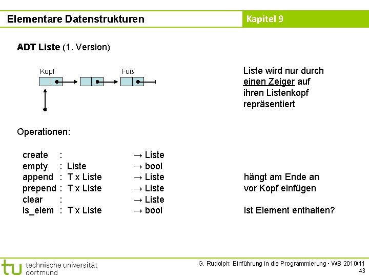 Elementare Datenstrukturen Kapitel 9 ADT Liste (1. Version) Kopf Fuß Liste wird nur durch