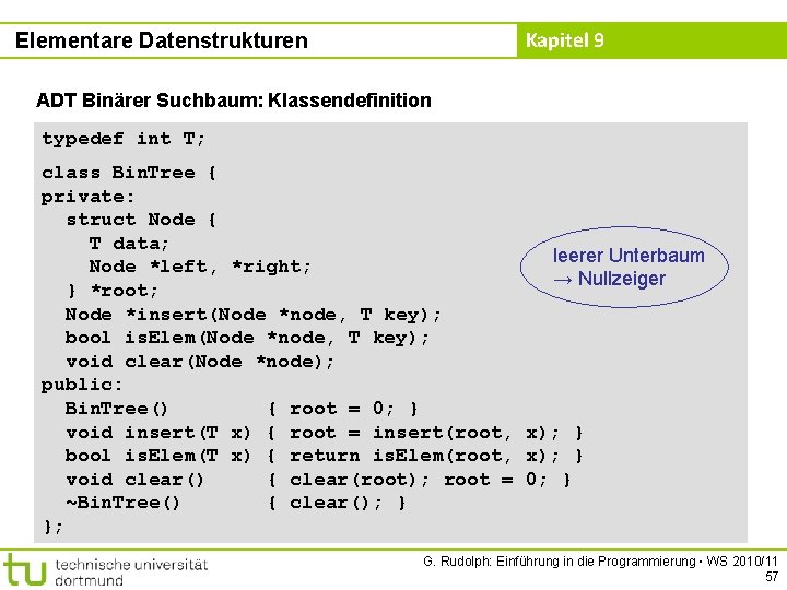 Kapitel 9 Elementare Datenstrukturen ADT Binärer Suchbaum: Klassendefinition typedef int T; class Bin. Tree