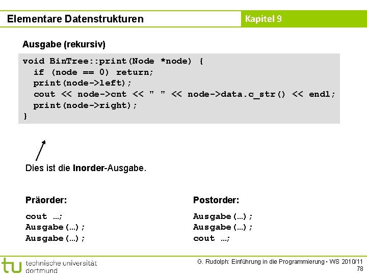 Kapitel 9 Elementare Datenstrukturen Ausgabe (rekursiv) void Bin. Tree: : print(Node *node) { if