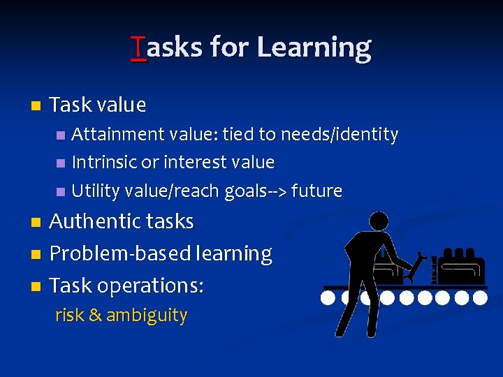 Tasks for Learning n Task value Attainment value: tied to needs/identity n Intrinsic or