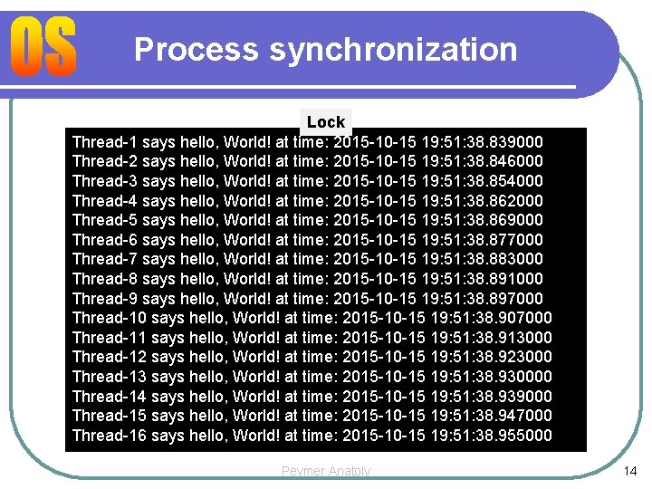 Process synchronization Lock Thread-1 says hello, World! at time: 2015 -10 -15 19: 51: