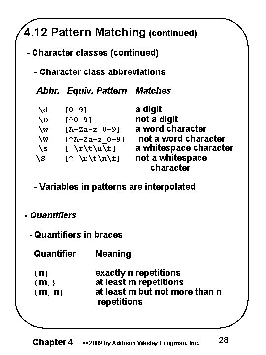 4. 12 Pattern Matching (continued) - Character classes (continued) - Character class abbreviations Abbr.