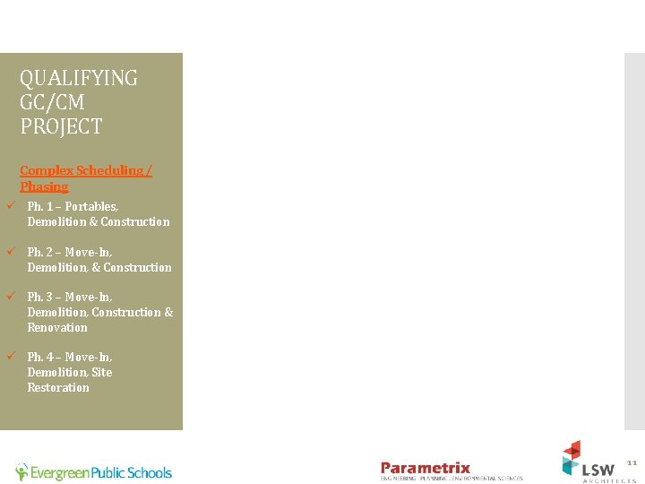 QUALIFYING GC/CM PROJECT Complex Scheduling / Phasing ü Ph. 1 – Portables, Demolition &