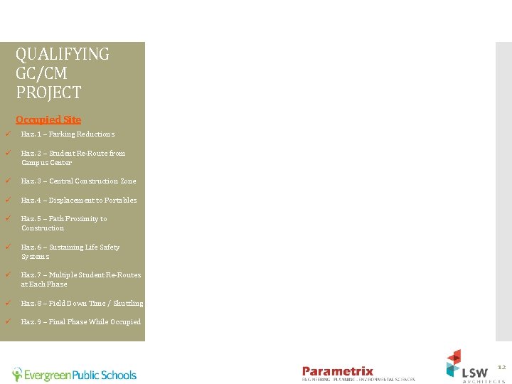 QUALIFYING GC/CM PROJECT Occupied Site ü Haz. 1 – Parking Reductions ü Haz. 2