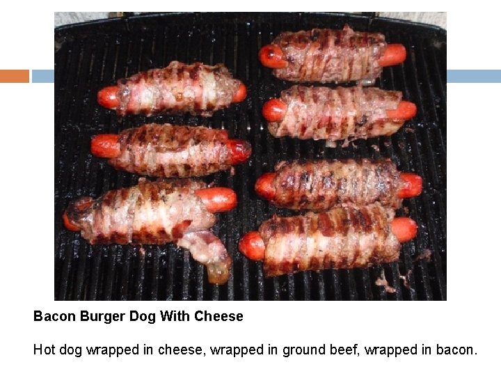 Bacon Burger Dog With Cheese Hot dog wrapped in cheese, wrapped in ground beef,