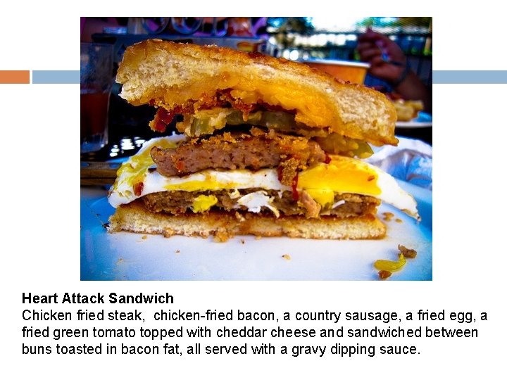 Heart Attack Sandwich Chicken fried steak, chicken-fried bacon, a country sausage, a fried egg,