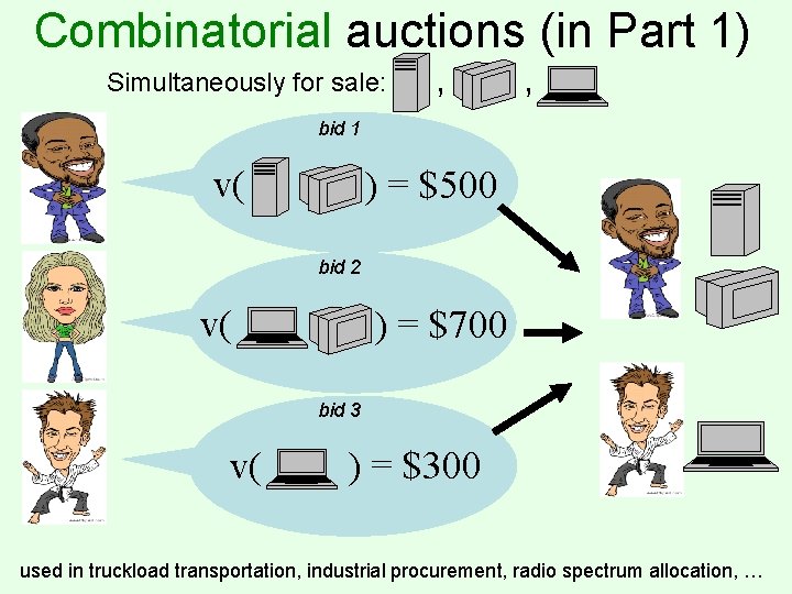 Combinatorial auctions (in Part 1) Simultaneously for sale: , , bid 1 v( )
