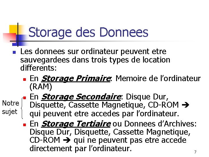Storage des Donnees Les donnees sur ordinateur peuvent etre sauvegardees dans trois types de
