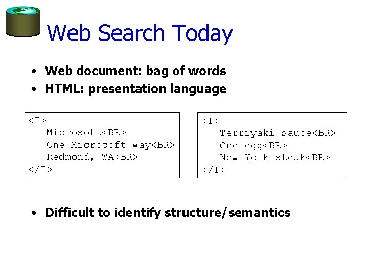 Web Search Today • Web document: bag of words • HTML: presentation language <I>