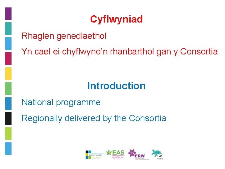 Cyflwyniad • Rhaglen genedlaethol • Yn cael ei chyflwyno’n rhanbarthol gan y Consortia Introduction