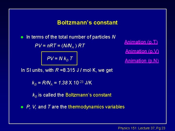 Boltzmann’s constant l In terms of the total number of particles N PV =