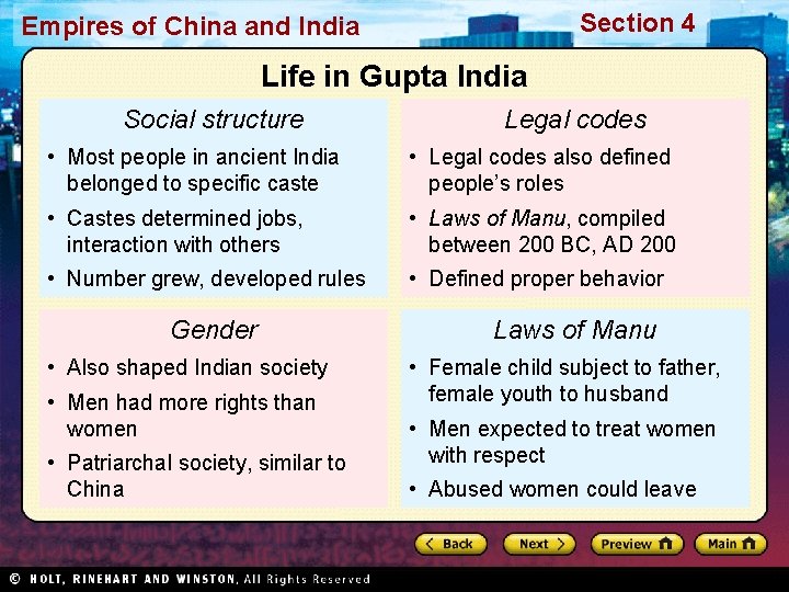 Section 4 Empires of China and India Life in Gupta India Social structure Legal