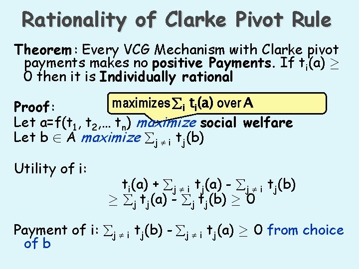 Rationality of Clarke Pivot Rule Theorem : Every VCG Mechanism with Clarke pivot payments