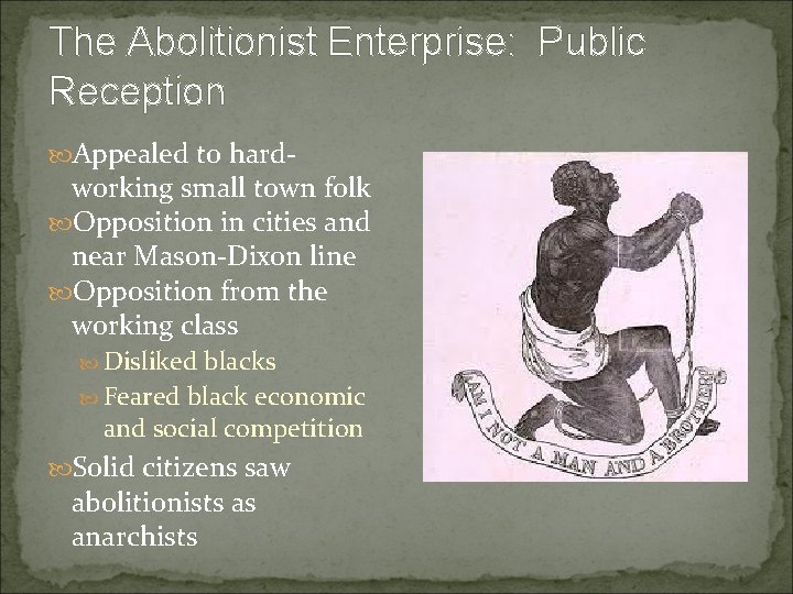 The Abolitionist Enterprise: Public Reception Appealed to hard- working small town folk Opposition in