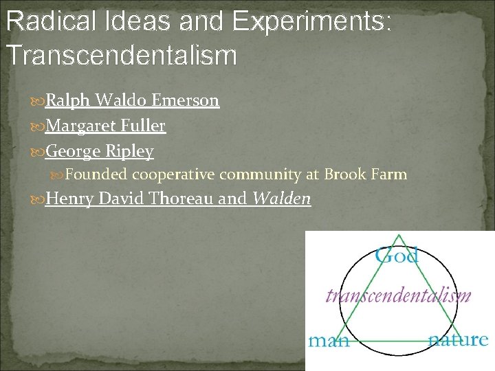 Radical Ideas and Experiments: Transcendentalism Ralph Waldo Emerson Margaret Fuller George Ripley Founded cooperative