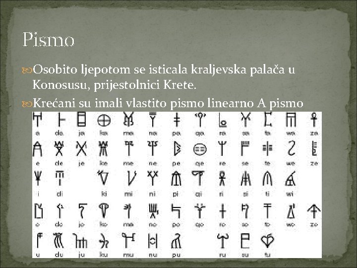 Pismo Osobito ljepotom se isticala kraljevska palača u Konosusu, prijestolnici Krete. Krećani su imali
