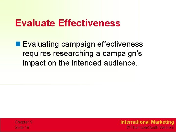 Evaluate Effectiveness n Evaluating campaign effectiveness requires researching a campaign’s impact on the intended