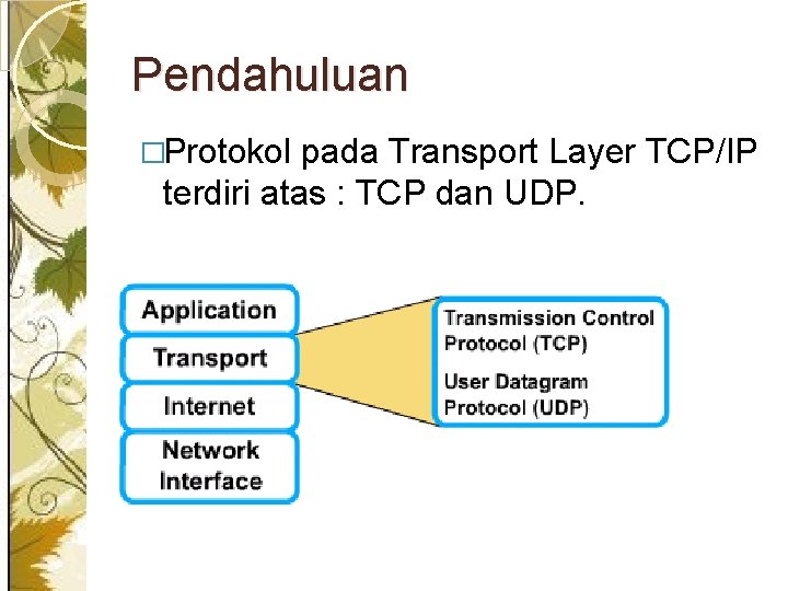 Pendahuluan �Protokol pada Transport Layer TCP/IP terdiri atas : TCP dan UDP. 