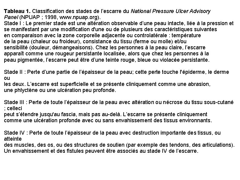 Tableau 1. Classification des stades de l’escarre du National Pressure Ulcer Advisory Panel (NPUAP