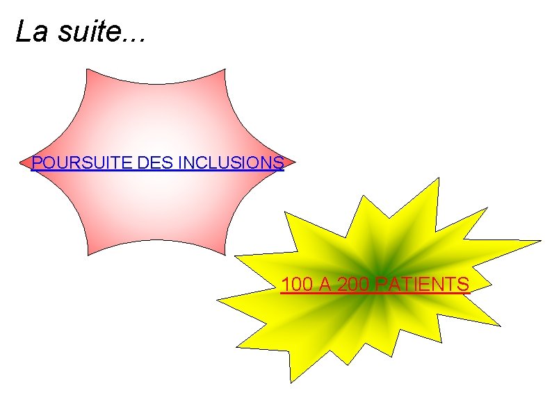 La suite. . . POURSUITE DES INCLUSIONS 100 A 200 PATIENTS 