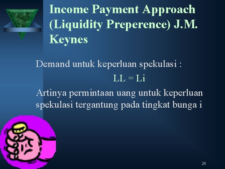 Income Payment Approach (Liquidity Preperence) J. M. Keynes Demand untuk keperluan spekulasi : LL