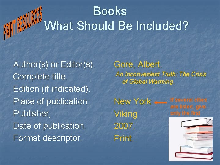 Books What Should Be Included? Author(s) or Editor(s). Complete title. Edition (if indicated). Place