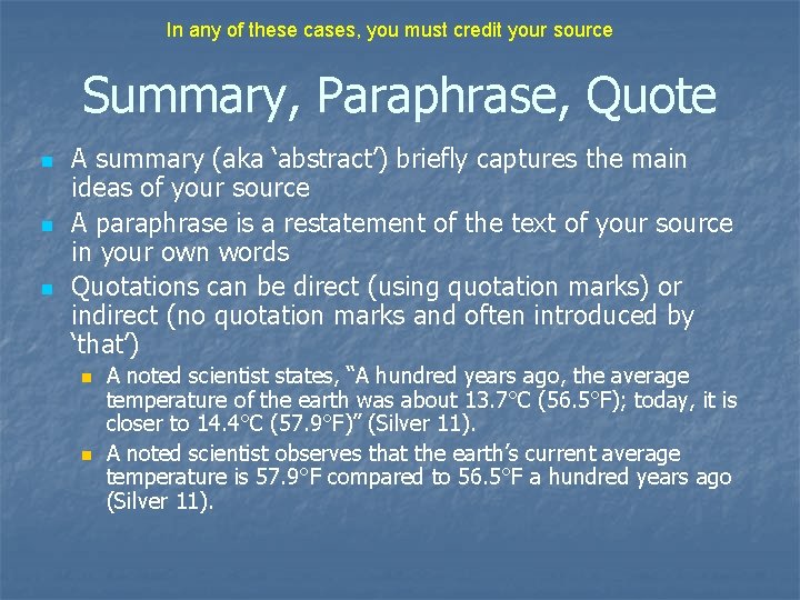 In any of these cases, you must credit your source Summary, Paraphrase, Quote n