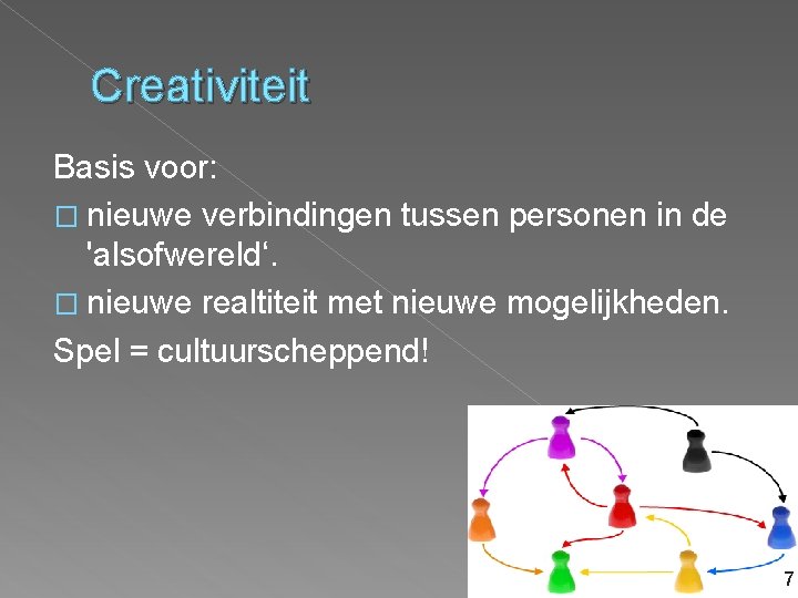 Creativiteit Basis voor: � nieuwe verbindingen tussen personen in de 'alsofwereld‘. � nieuwe realtiteit