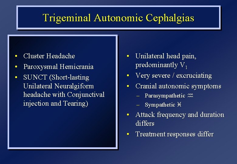 Trigeminal Autonomic Cephalgias • Cluster Headache • Paroxysmal Hemicrania • SUNCT (Short-lasting Unilateral Neuralgiform