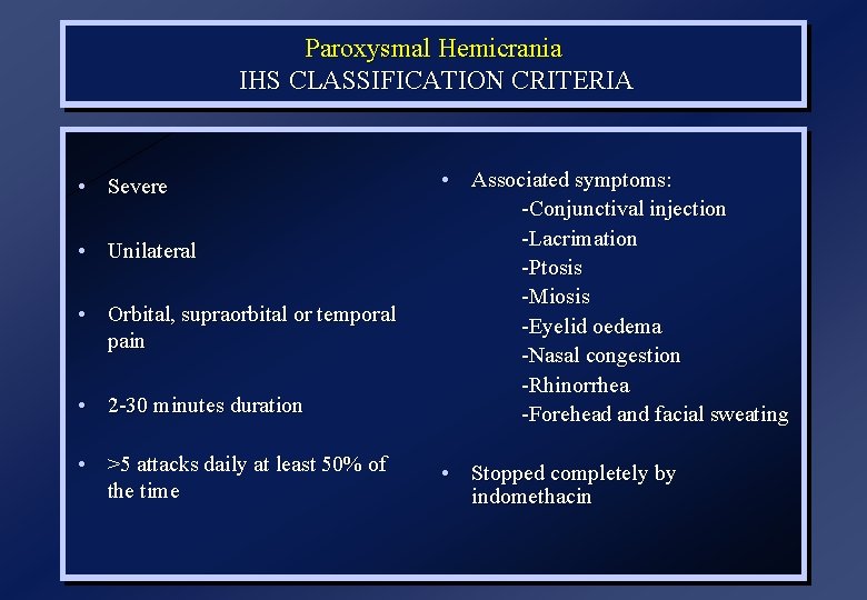 Paroxysmal Hemicrania IHS CLASSIFICATION CRITERIA • 2 -30 minutes duration • Associated symptoms: -Conjunctival