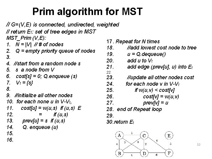 Prim algorithm for MST // G=(V, E) is connected, undirected, weighted // return Et: