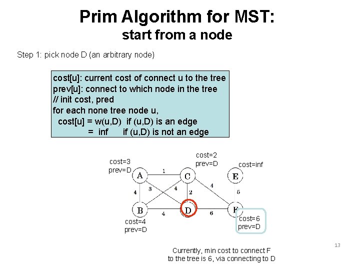 Prim Algorithm for MST: start from a node Step 1: pick node D (an