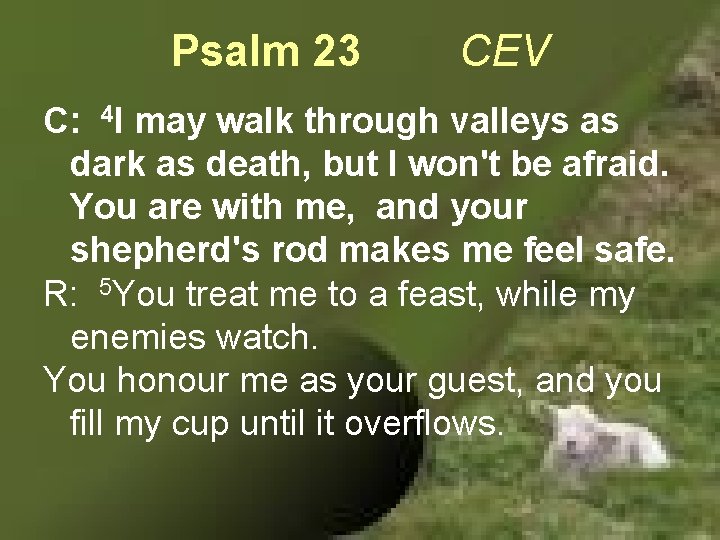 Psalm 23 CEV C: 4 I may walk through valleys as dark as death,