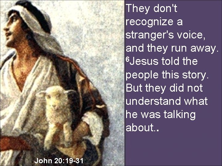 They don't recognize a stranger's voice, and they run away. 6 Jesus told the