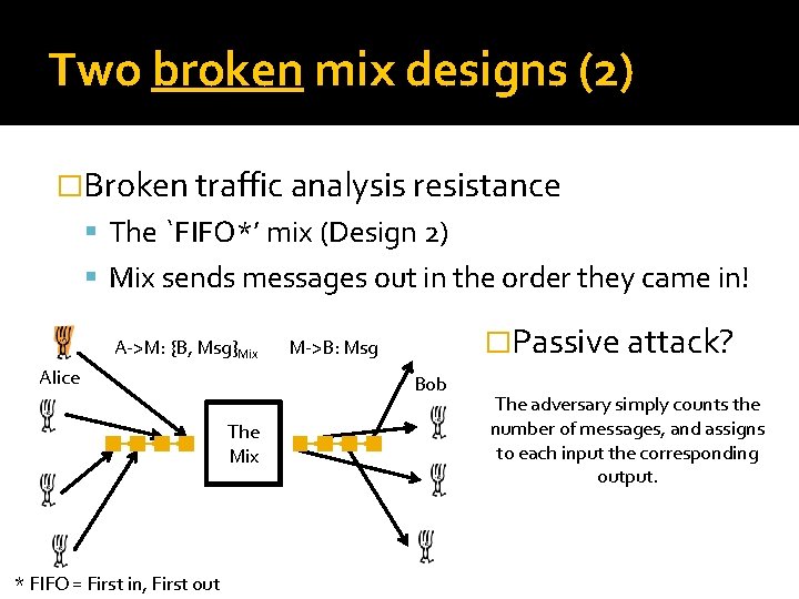 Two broken mix designs (2) �Broken traffic analysis resistance The `FIFO*’ mix (Design 2)