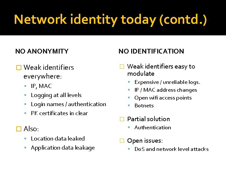 Network identity today (contd. ) NO ANONYMITY NO IDENTIFICATION � Weak identifiers � everywhere: