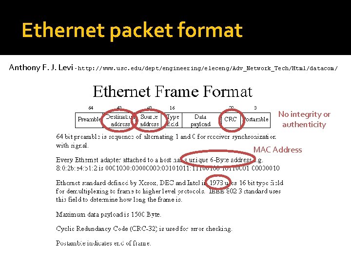 Ethernet packet format Anthony F. J. Levi - http: //www. usc. edu/dept/engineering/eleceng/Adv_Network_Tech/Html/datacom/ No integrity