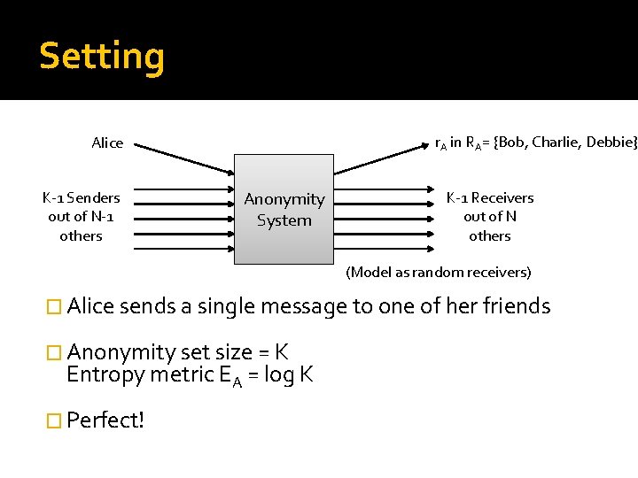 Setting r. A in RA= {Bob, Charlie, Debbie} Alice K-1 Senders out of N-1