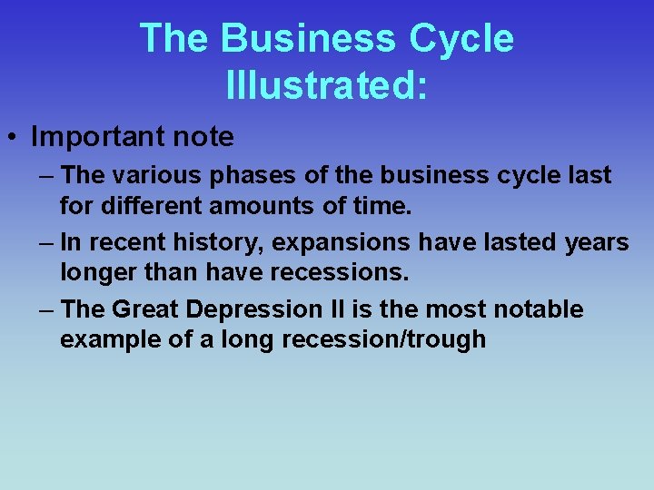 The Business Cycle Illustrated: • Important note – The various phases of the business The Business Cycle Illustrated: • Important note – The various phases of the business