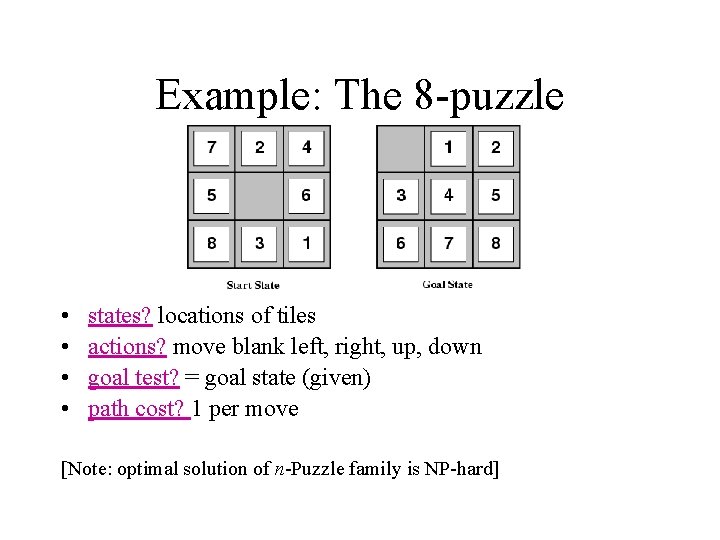 Example: The 8 -puzzle • • states? locations of tiles actions? move blank left,