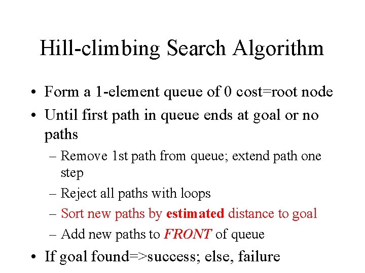 Hill-climbing Search Algorithm • Form a 1 -element queue of 0 cost=root node •