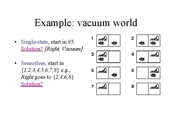 Example: vacuum world • Single-state, start in #5. Solution? [Right, Vacuum] • Sensorless, start