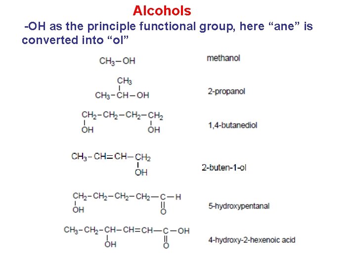 Alcohols -OH as the principle functional group, here “ane” is converted into “ol” 